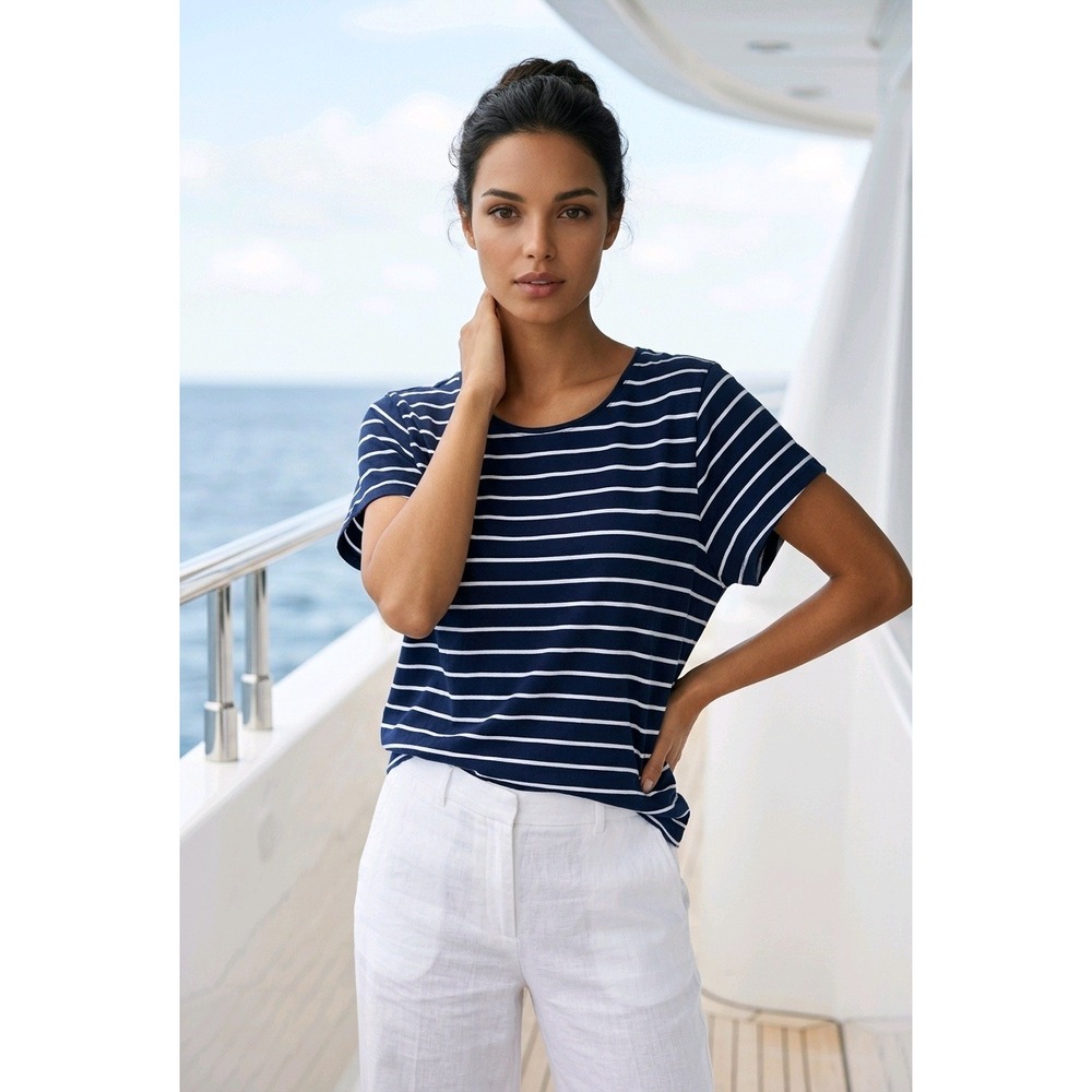Lands End‎ Women's Plus Size 3X Navy Blue White Striped Cotton T-Shirt Top NEW